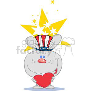 The clipart image depicts an anthropomorphic rabbit wearing a hat with a red and white striped design adorned with blue starred band, which is reminiscent of Uncle Sam's hat. The rabbit has large, round eyes, a prominent pink nose, and is smiling. It holds a large red heart in front of it with both hands, conveying a sense of love or affection. The background includes bright yellow stars that add to the celebratory and whimsical atmosphere of the image.