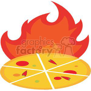 A clipart image of a spicy pizza with red chili peppers as toppings, with a large flame in the background.