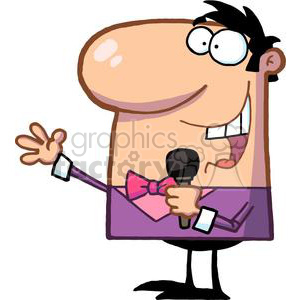 In the clipart image, we see a cartoon man portrayed as a public speaker or talk show host. He is holding a microphone, gesturing with his other hand, and appears to be speaking at the moment. The character is dressed in a purple top with a pink bow tie and is wearing glasses.