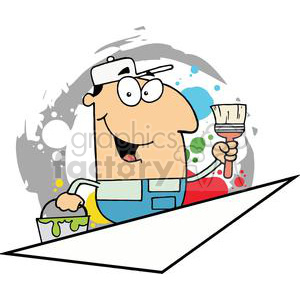 The clipart image shows a cartoon character depicted as a painter. The character is wearing a white visor cap, blue overalls, and a yellow-and-white striped shirt. He has a cheerful expression on his face and is holding a dripping paintbrush in one hand while his other hand is holding a paint bucket that is also dripping. There are splatters of paint in the background, suggesting that he is in the midst of a messy but fun painting job.