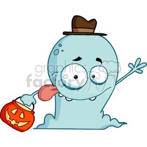   This clipart image features a cute and funny cartoon ghost. The ghost is light blue with two big, round eyes and a small, friendly smile. It is wearing a brown hat on its head and seems to have a cartoonish tongue sticking out, holding a jack-o