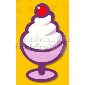 This image displays a comical illustration of an ice cream sundae. The sundae has a large swirl of white ice cream topped with a bright red cherry. It is served in a stylized purple sundae glass on a yellow background with a dotted pattern.