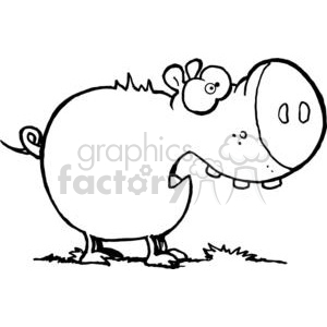 This is a black and white clipart image of a comical, oversized pig with a humorous expression. The pig has a large nose, small eyes, and its tongue sticking out. It's standing on two legs and appears to be scared or squealing 