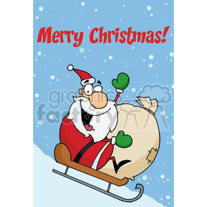 A comical Santa Claus riding a sleigh with a large sack, waving happily in a snowy scene accompanied by the text 'Merry Christmas!'