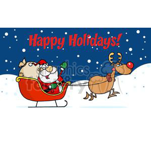 A comical clipart image featuring Santa Claus waving from a sleigh pulled by Rudolph the Red-Nosed Reindeer, set against a snowy background with 'Happy Holidays!' written above.