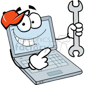 A cheerful cartoon laptop character wearing a red cap, holding a wrench and pointing at itself.