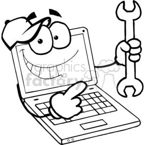 A cheerful cartoon laptop character wearing a cap, holding a wrench and pointing at its keyboard.