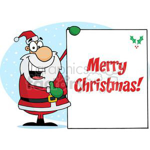 Cartoon Santa Claus holding a sign with 'Merry Christmas!' text and holly decoration.