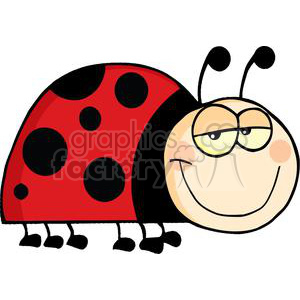 A cartoon clipart of a smiling ladybug with a red body, black spots, and a cheeky expression.