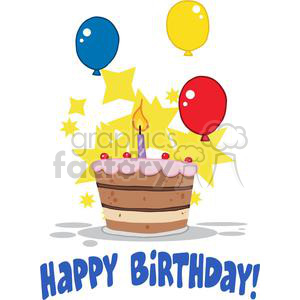   The clipart image shows a cartoon birthday cake with one lit candle, surrounded by colorful balloons and stars. It is meant to be comical and funny in style, and is likely designed for use in party or celebration-related contexts, particularly for first birthday parties or events. It has 
