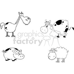 A black and white clipart image featuring cartoon-style drawings of a horse, cow, pig, and sheep.