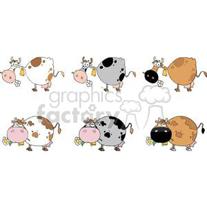 The clipart image depicts six cartoon cows, each with a distinct pose and facial expression. They are stylized and humorous in appearance. The cows have various patterns of spots, and each cow is depicted with a small detail like a bell around its neck or holding a flower in its mouth. The overall tone of the image is light-hearted and whimsical, suitable for a comedic or child-friendly context.
