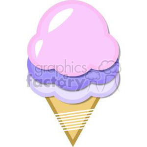 The image displays a colorful ice cream cone with two scoops. The top scoop is pink, and the bottom scoop is a shade of purple or lavender. The cone itself has a classic waffle pattern with diagonal lines. It's a stylized, cartoon representation of a popular frozen treat often associated with warm weather and summertime enjoyment.
