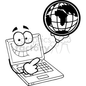 A cartoon laptop character with a smiling face, pointing upwards while holding a globe above it.