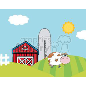   The clipart image features a comical scene set on a farm. In the image, there is a red barn with white trim and a classic barn door. Next to the barn is a silo, suggesting this is a grain or dairy farm. On the rolling green hills, there