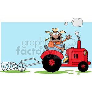 A comical illustration of a farmer driving a red tractor with smoke puffs, wearing a straw hat and overalls.