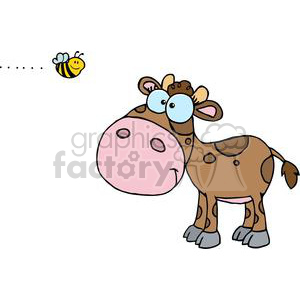   The clipart image shows a cartoon cow with a comically large pink nose and big blue eyes looking slightly upwards towards a small, smiling cartoon bee flying on the upper left. The cow is brown with darker brown spots and a tuft of hair on its head. It