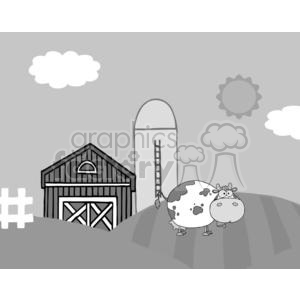  The clipart image features a comical representation of a farm setting. In the image, there is a cow with exaggerated features in the foreground. A classic barn with X-shaped doors and a silo are depicted in the background. The scene is set under a sky with clouds and a simplistic sun. 