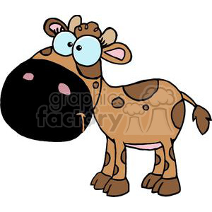 The clipart image features a comical illustration of a baby cow (calf) with exaggerated large eyes and a big, black spot covering its nose and part of its face. The calf has brown fur with darker brown spots, and its udders are visible, suggesting it might be a young female. It has a cartoonish appearance with a cheerful and slightly goofy expression.