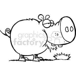 The image is a black and white clipart illustration of a cartoon pig. The pig has large, prominent nostrils, a tuft of hair or bristles on its head, and appears to be chewing on a patch of grass. Its eyes are closed, suggesting it is enjoying the meal.