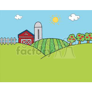 This clipart image depicts a stylized cartoon-like farmyard scene. It includes a red barn with a white fence, a silo, rolling green hills, apple trees with red apples, a bright sun in the sky, and a couple of white clouds.