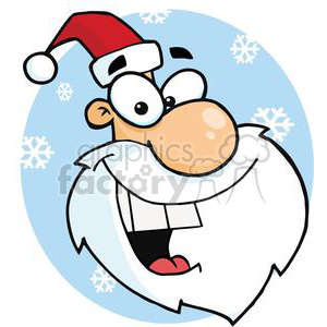 A comical Santa Claus with a large beard and hat, featuring a humorous expression against a background of snowflakes.