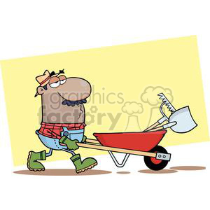Cartoon farmer pushing a wheelbarrow filled with gardening tools.