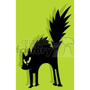 The image is a clipart illustration of a black cat in a humorous or exaggerated pose with a large, spiky tail and wide eyes, set against a bright green background.
