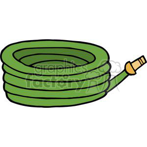 A clipart image of a coiled green garden hose with a yellow nozzle.