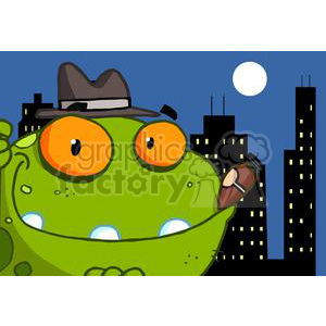   The clipart image shows a comical green frog wearing a detective-style hat, holding a cigar in its mouth, against the backdrop of a nighttime city skyline with skyscrapers. The frog has large, expressive orange eyes and a content expression. 