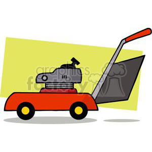 Clipart image of a red and black lawn mower with a yellow background.