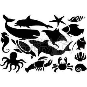 This clipart image features a collection of stylized black silhouettes representing various sea animals. The silhouettes depicted include a whale, a sea turtle, a shark, a fish, a seahorse, a starfish, an octopus, a crab, a shell, and potentially a couple more fish or sea creatures that are less distinct.