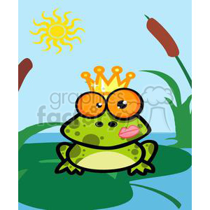 The clipart image features a cartoon-style frog sitting on a lily pad in a swamp setting. The frog is wearing an orange crown and has big, exaggerated orange eyes with a comical expression. It appears to be puckering up for a kiss, indicated by a pink, stylized depiction of lips. In the background, there are elements of a swamp environment, such as cattails and green foliage, with the sun shining in the blue sky.