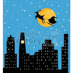 A humorous silhouette of Santa Claus and his reindeer flying over a city skyline against a full moon and snowy sky.