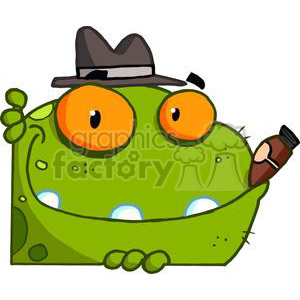 This clipart image depicts a cartoon frog with a humorous appearance. The frog is large, green, and has big, bulging orange eyes, giving it a comedic look. It is wearing a detective-style fedora hat and has a cigar in its mouth, adding to the whimsical and funny character of the image.