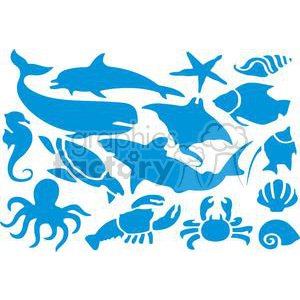 This clipart image features a collection of stylized silhouettes representing various sea creatures. The creatures include a whale, dolphin, turtle, shark, starfish, seahorse, various types of fish, an octopus, a crab, a lobster, a seashell, and a snail. The silhouettes are arranged in an aesthetically pleasing composition, overlaying one another, and are all filled with the same color, creating a cohesive theme suitable for ocean-themed decorations or designs.