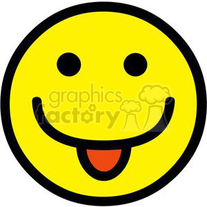   The clipart image shows a simple yellow smiley face emoticon. It features a large, friendly grin with the tongue playfully sticking out, encapsulating a sense of fun and silliness. The emoticon has two simple dot eyes and is outlined in black, against a white background, emphasizing its iconic and playful expression. 