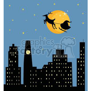 Silhouette of Santa Claus on a sleigh with a reindeer flying over a cityscape against a full moon and starry sky.