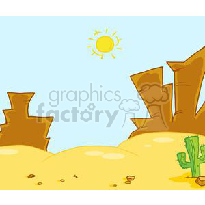 A bright desert landscape clipart featuring a yellow sun, clear blue sky, rocky formations in the background, and a lone cactus in the sandy foreground.