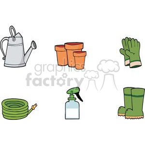 This clipart image contains various gardening tools and accessories. It includes a watering can, a set of plant pots, a pair of gardening gloves, a garden hose, a spray bottle, and a pair of gardening boots.