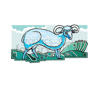 Illustration of a stylized ram, representing the Aries zodiac sign from horoscopes. The ram features blue and white accents with decorative patterns in the background.
