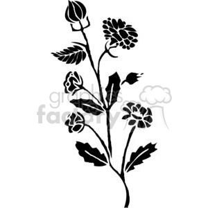 A black and white floral clipart design featuring various flowers and leaves with an organic and natural style.