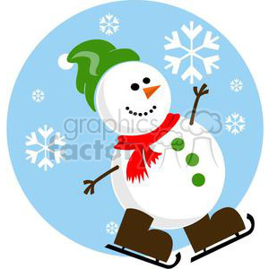 Clipart image of a cheerful snowman wearing a green hat, red scarf, and brown boots, ice skating with a background of snowflakes.