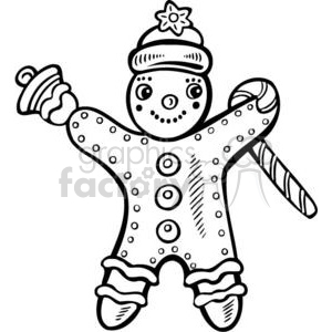 A festive black and white clipart image of a gingerbread man wearing a hat and holding a candy cane.