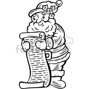 A black and white clipart of Santa Claus holding and reading a long scroll, possibly the naughty or nice list, with festive decorations on his hat.