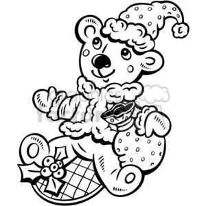 A cute and festive bear wearing a holiday hat and coat, holding a sack with holly decorations. The image has a whimsical and cheerful Christmas theme.