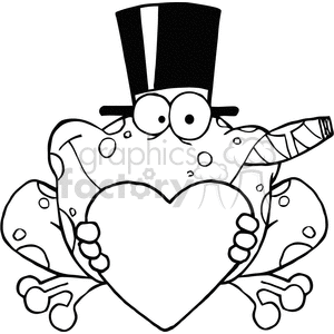   This clipart image features a humorous depiction of a frog. The frog is wearing a top hat and holding a heart shape, suggesting a theme of love or celebration. It