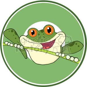 The image shows a cartoon illustration of a happy, funny-looking green frog. The frog has big, prominent orange eyes with large pupils, a wide smiling mouth revealing a small pink tongue, and is holding a green plant stem in its mouth. The frog appears to be in a circular frame with a green background, giving the impression of a swampy setting or the frog being in a lily pad.