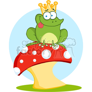 This clipart image features a cartoon-style design of a whimsical green frog sitting atop a red mushroom with white dots. The frog has a comical expression, wide eyes, a protruding tongue, and is wearing a golden crown on its head. The background is a simple blue gradient suggesting the sky, and the ground is hinted with a green curve at the base of the mushroom.