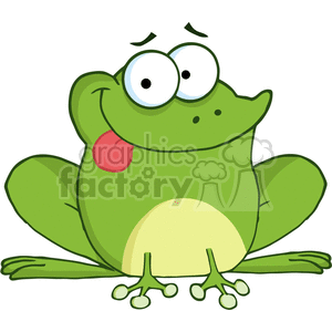 The image depicts a cute, funny cartoon frog. The frog is green with a lighter green belly, showcasing a playful facial expression with large eyes bulging out on top, and a hint of a red tongue sticking out. Its squat posture and relaxed limbs give it an adorable and whimsical look, suggesting it could be part of a children's book, educational material, or a whimsical graphic for various media.